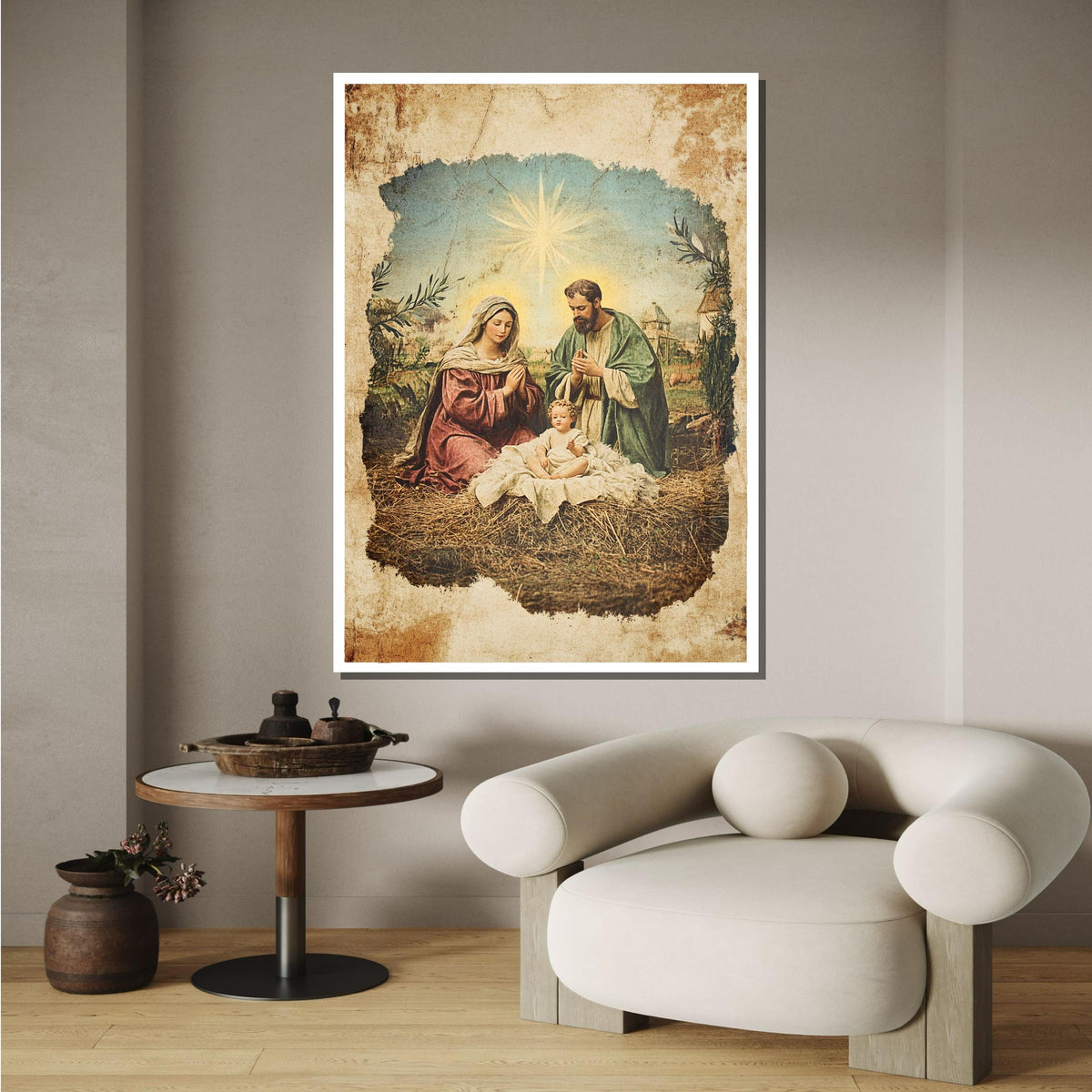 Nativity Scene Canvas, Vintage Holy Family Art, Antique Religious Wall Decor, Christmas Wall Art, Ready to Hang, Ready to Hang