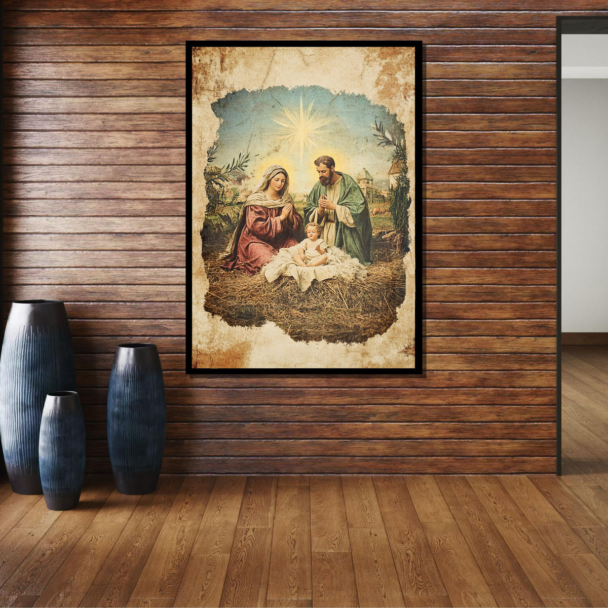 Nativity Scene Canvas, Vintage Holy Family Art, Antique Religious Wall Decor, Christmas Wall Art, Ready to Hang, Ready to Hang