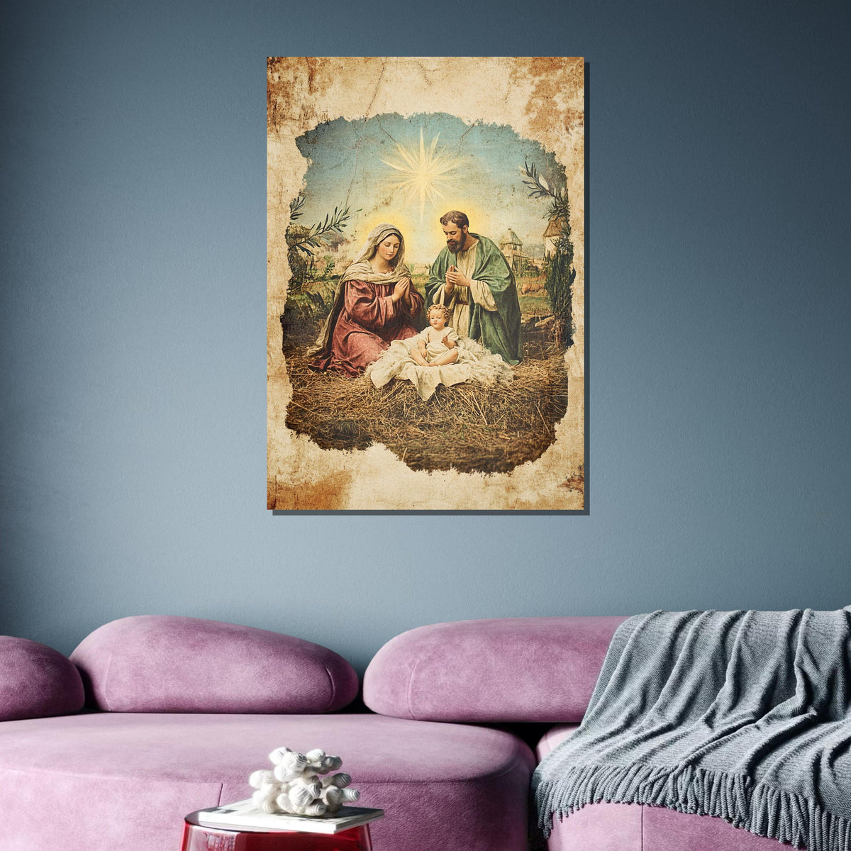 Nativity Scene Canvas, Vintage Holy Family Art, Antique Religious Wall Decor, Christmas Wall Art, Ready to Hang, Ready to Hang