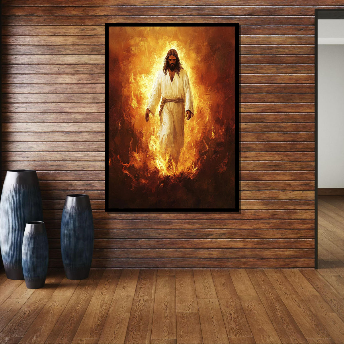 Jesus in Flames Canvas, Divine Fire Art, Powerful Religious Wall Decor, Spiritual Christian Artwork, Ready to Hang