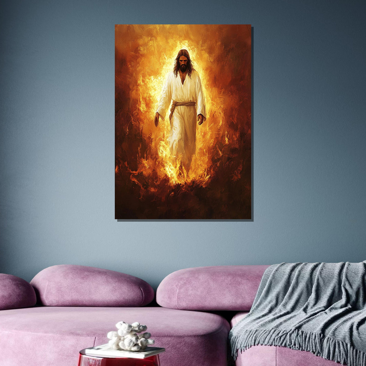 Jesus in Flames Canvas, Divine Fire Art, Powerful Religious Wall Decor, Spiritual Christian Artwork, Ready to Hang