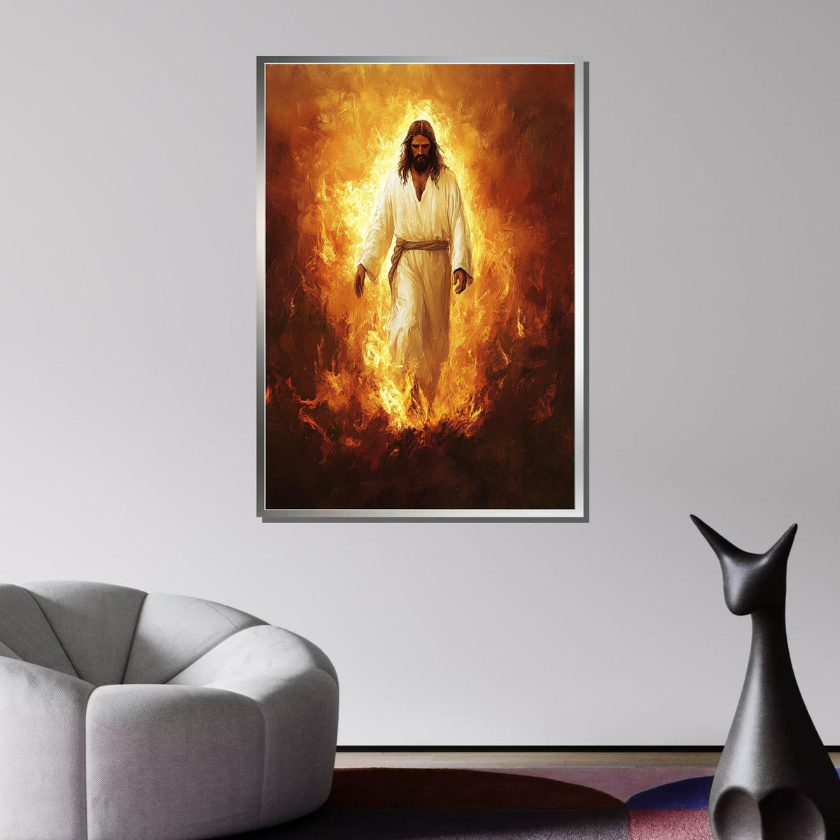 Jesus in Flames Canvas, Divine Fire Art, Powerful Religious Wall Decor, Spiritual Christian Artwork, Ready to Hang