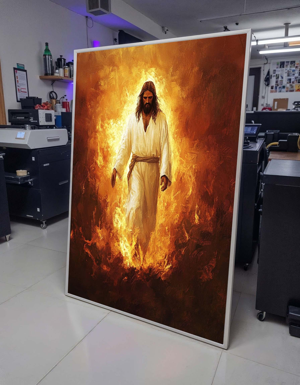Jesus in Flames Canvas, Divine Fire Art, Powerful Religious Wall Decor, Spiritual Christian Artwork, Ready to Hang