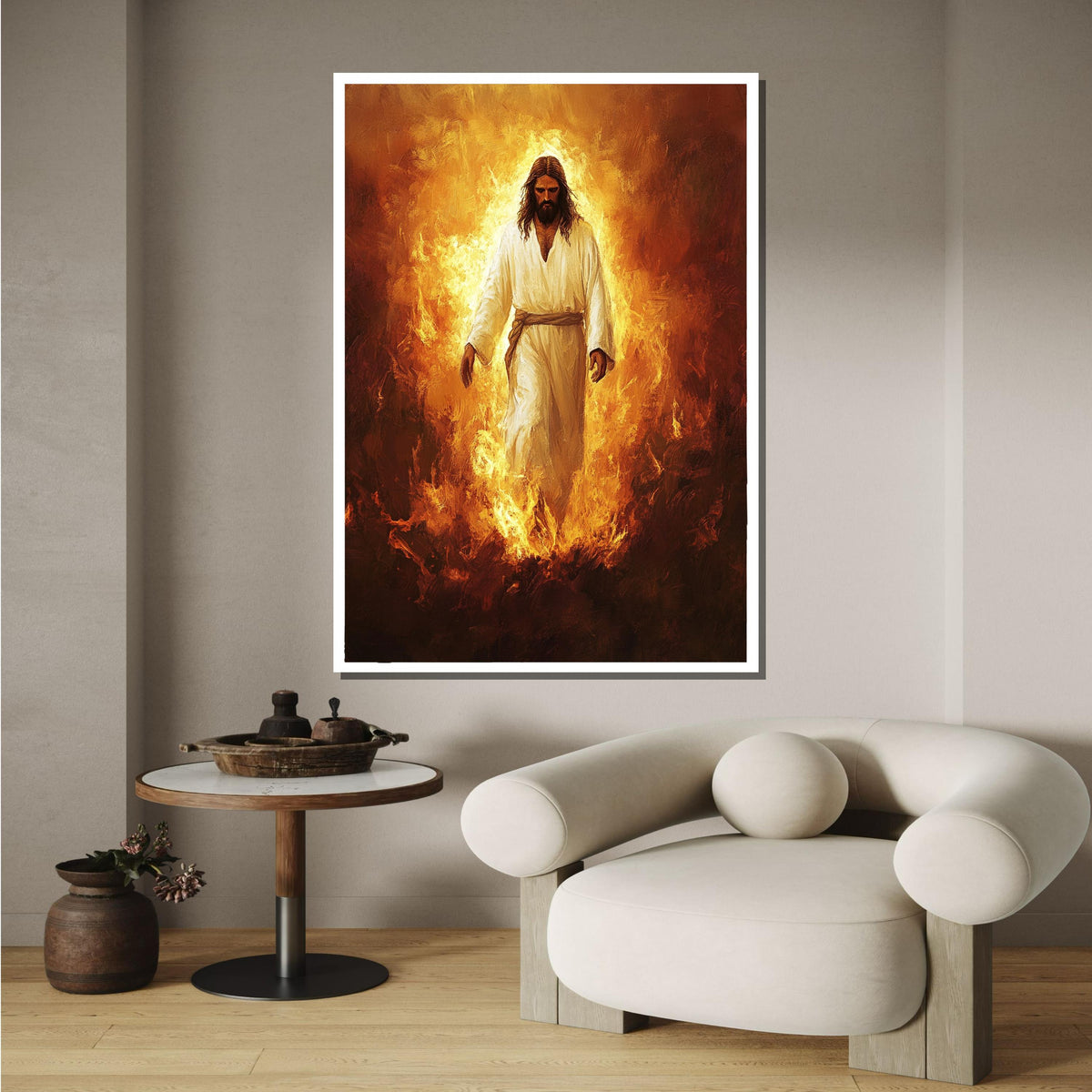 Jesus in Flames Canvas, Divine Fire Art, Powerful Religious Wall Decor, Spiritual Christian Artwork, Ready to Hang