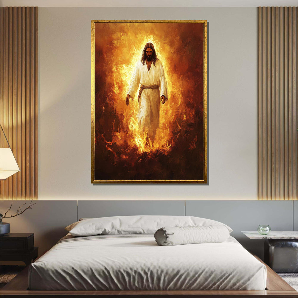 Jesus in Flames Canvas, Divine Fire Art, Powerful Religious Wall Decor, Spiritual Christian Artwork, Ready to Hang
