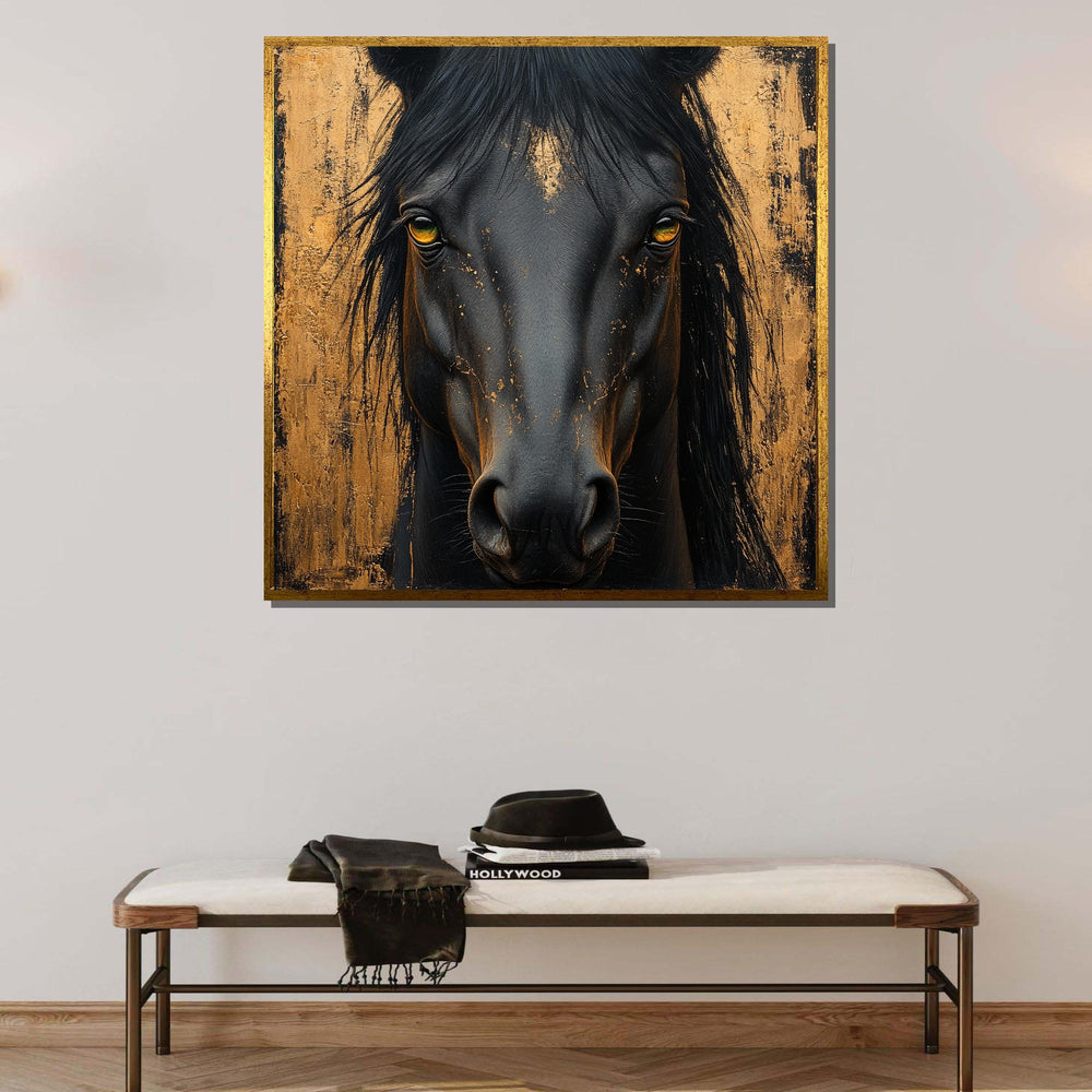 Majestic Black Horse Canvas, Golden Abstract Equine Art, Bold Animal Portrait, Luxury Wall Decor, Animal Art, Ready to Hang