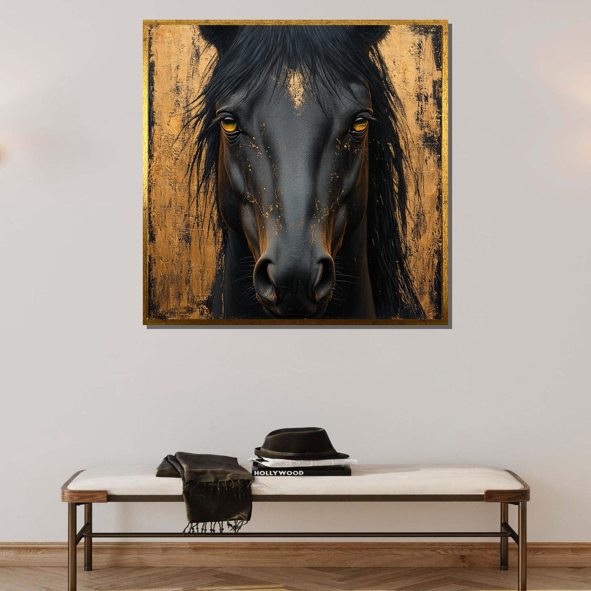 Majestic Black Horse Canvas, Golden Abstract Equine Art, Bold Animal Portrait, Luxury Wall Decor, Animal Art, Ready to Hang