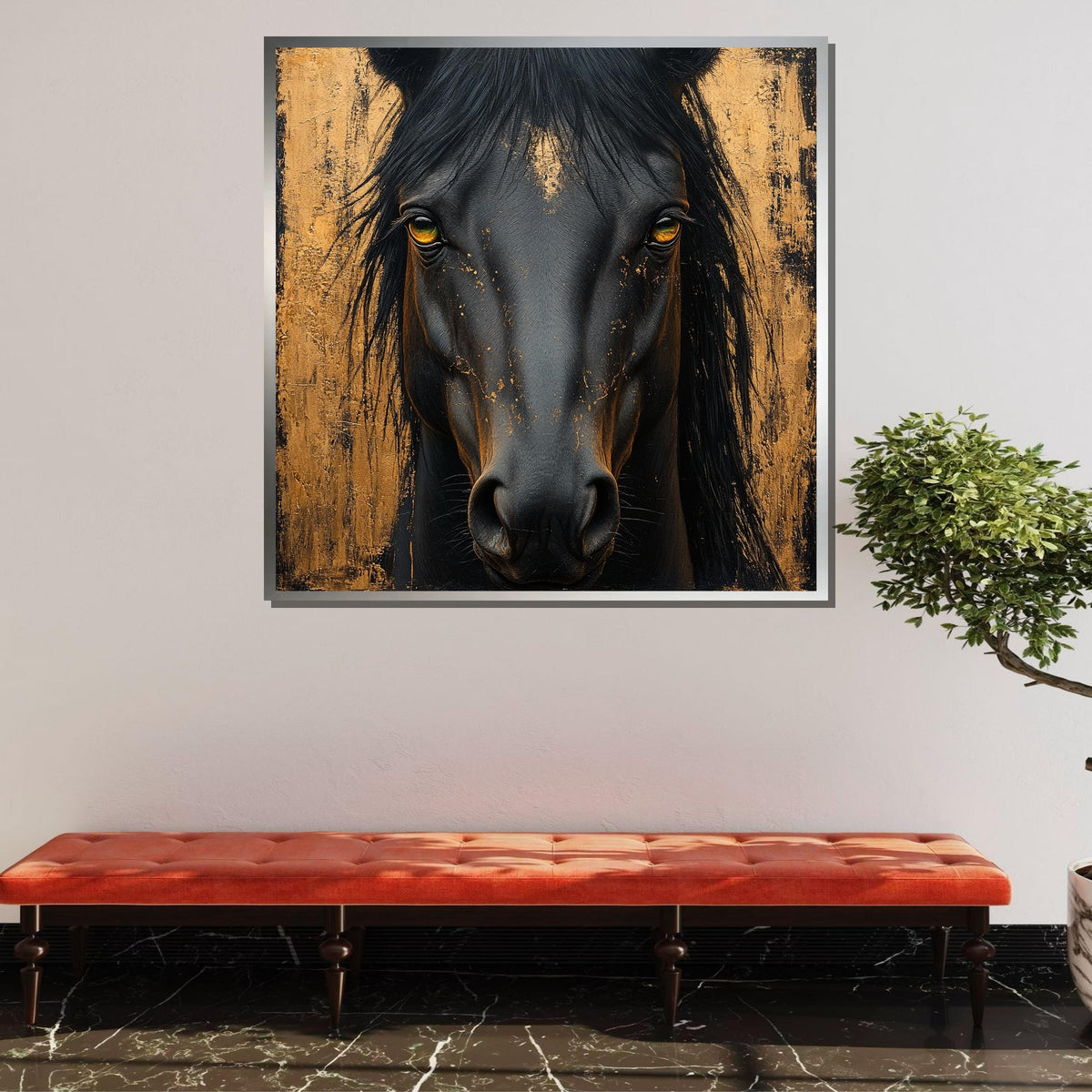Majestic Black Horse Canvas, Golden Abstract Equine Art, Bold Animal Portrait, Luxury Wall Decor, Animal Art, Ready to Hang