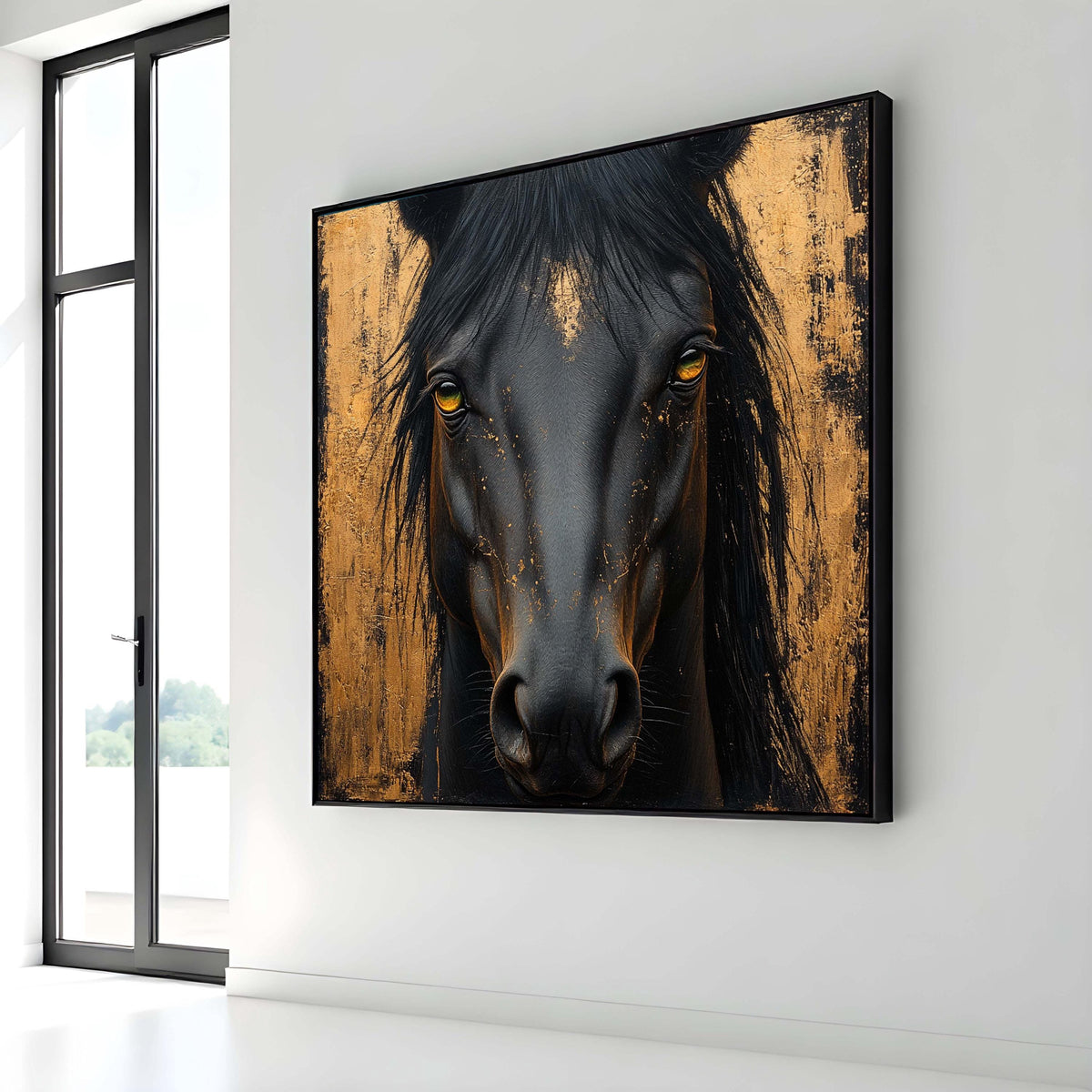 Majestic Black Horse Canvas, Golden Abstract Equine Art, Bold Animal Portrait, Luxury Wall Decor, Animal Art, Ready to Hang