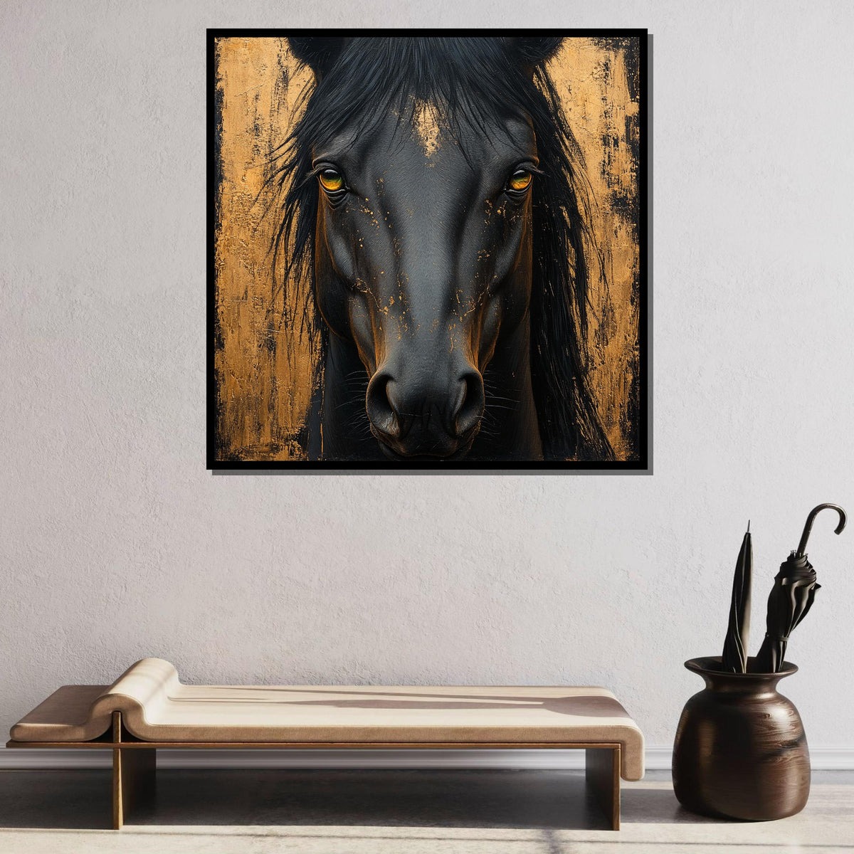 Majestic Black Horse Canvas, Golden Abstract Equine Art, Bold Animal Portrait, Luxury Wall Decor, Animal Art, Ready to Hang