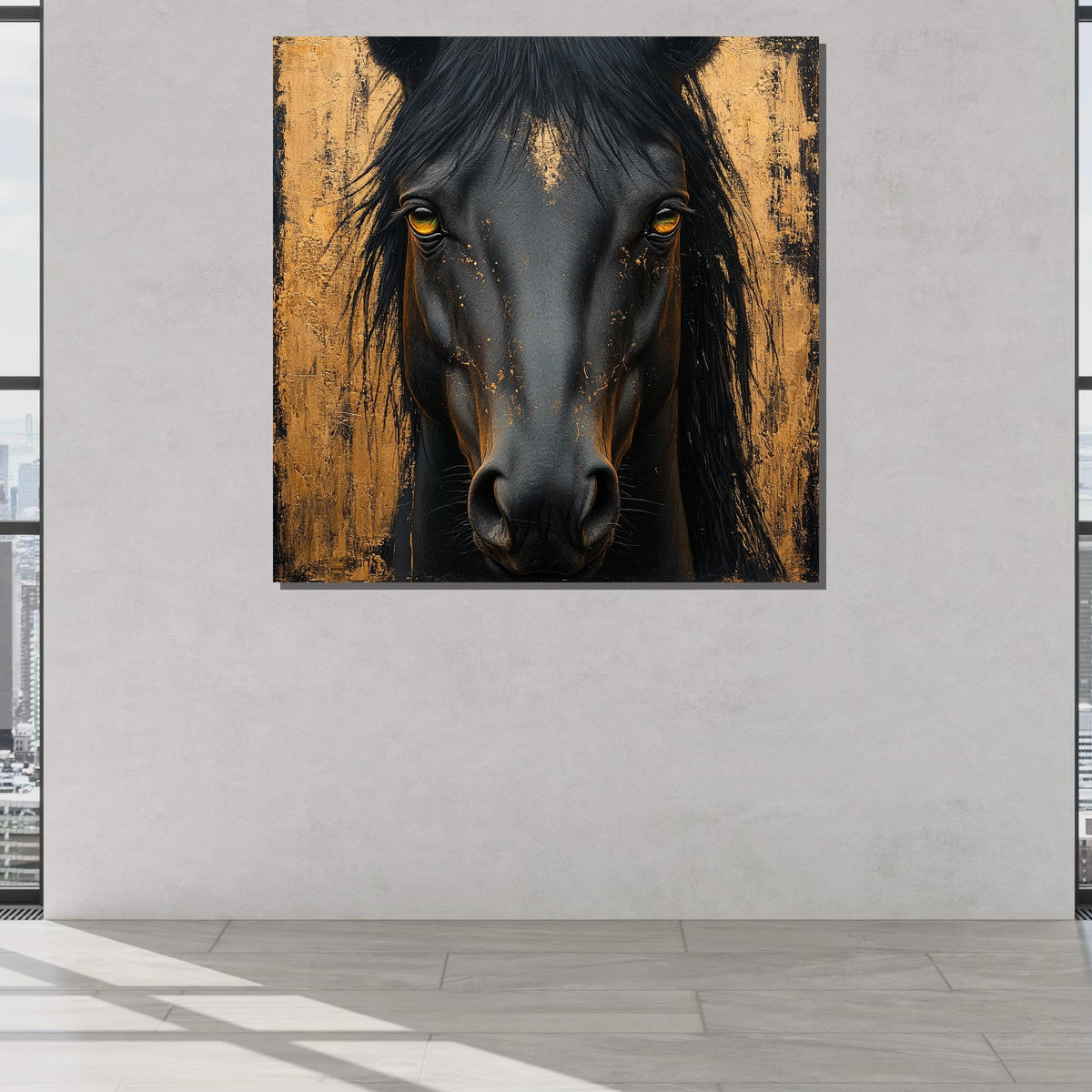 Majestic Black Horse Canvas, Golden Abstract Equine Art, Bold Animal Portrait, Luxury Wall Decor, Animal Art, Ready to Hang