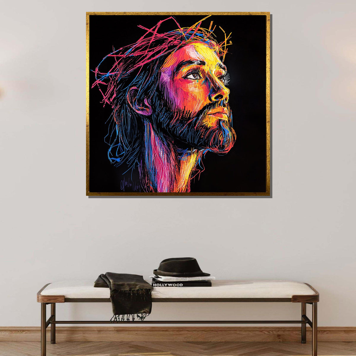 Vibrant Jesus Portrait Canvas, Neon Spiritual Art, Modern Christian Wall Decor, Colorful Religious Artwork, Ready to Hang