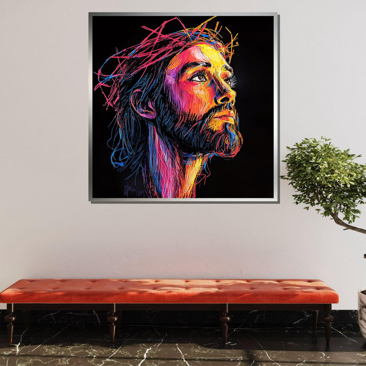 Vibrant Jesus Portrait Canvas, Neon Spiritual Art, Modern Christian Wall Decor, Colorful Religious Artwork, Ready to Hang
