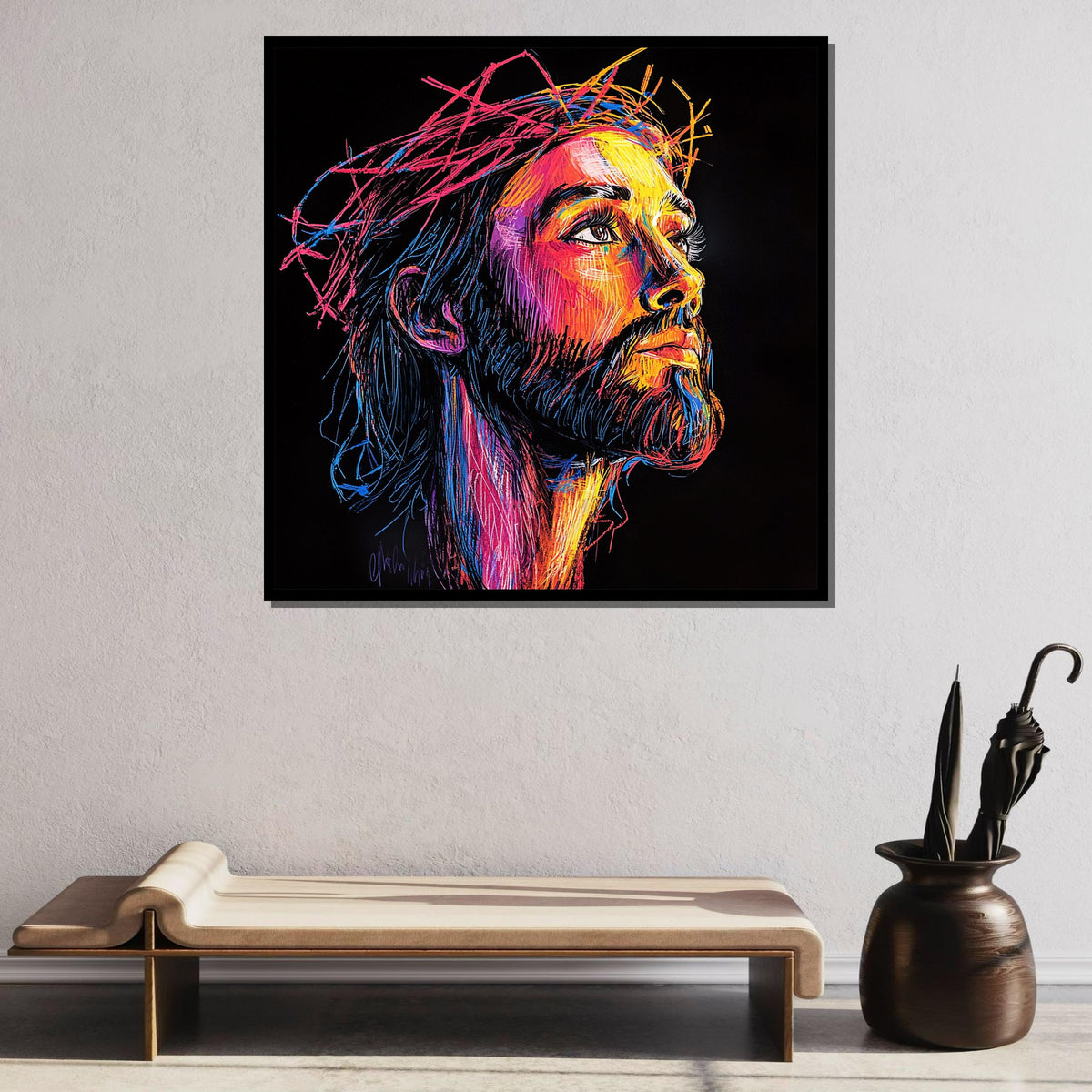 Vibrant Jesus Portrait Canvas, Neon Spiritual Art, Modern Christian Wall Decor, Colorful Religious Artwork, Ready to Hang
