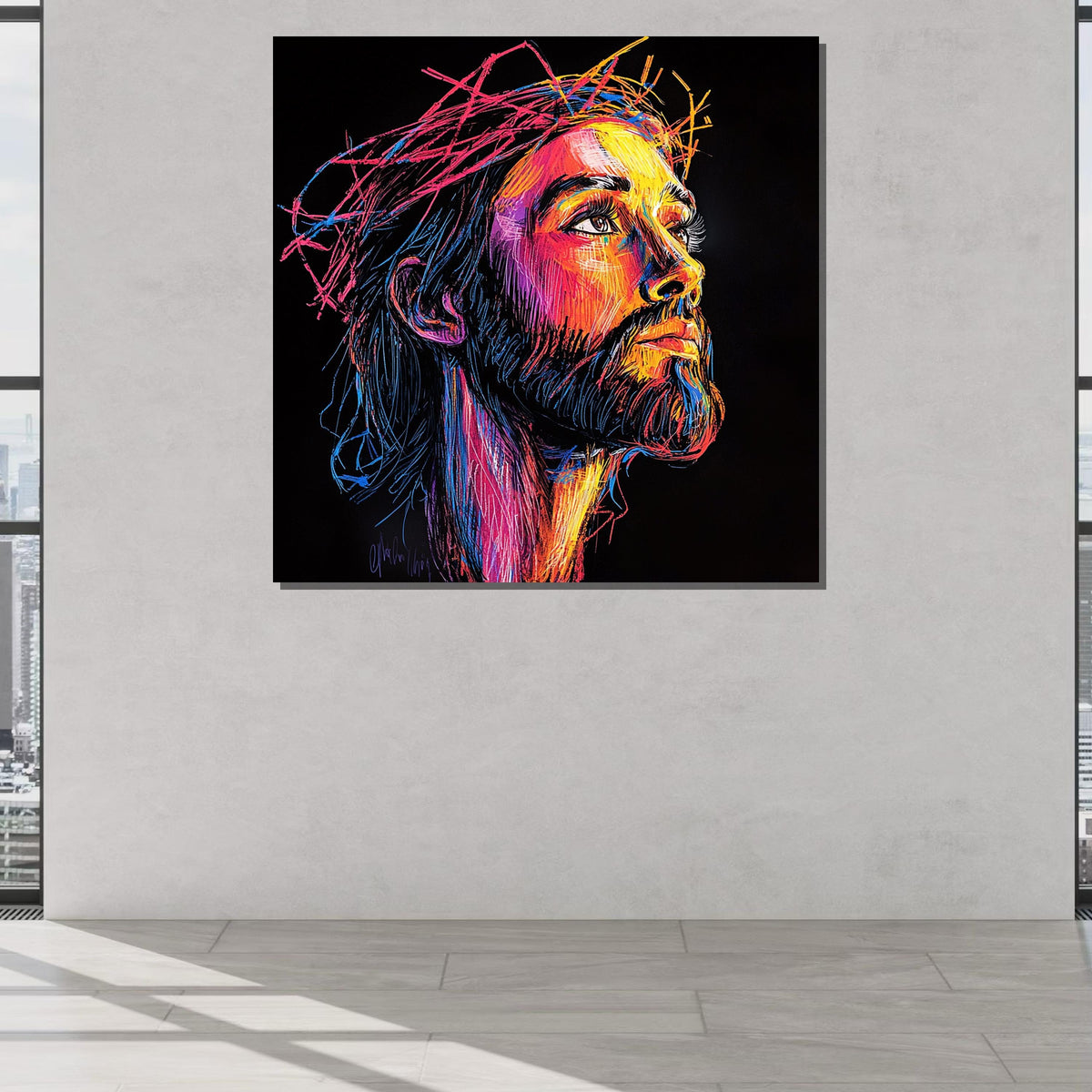 Vibrant Jesus Portrait Canvas, Neon Spiritual Art, Modern Christian Wall Decor, Colorful Religious Artwork, Ready to Hang