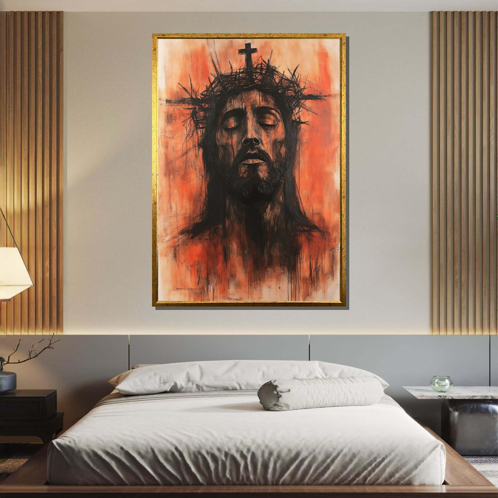 Passion of Christ Canvas, Intense Jesus Portrait, Crown of Thorns Religious Art, Modern Christian Wall Decor, Ready to Hang, Ready to Hang
