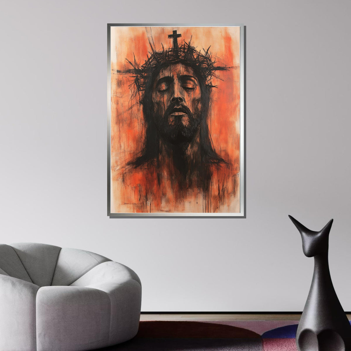 Passion of Christ Canvas, Intense Jesus Portrait, Crown of Thorns Religious Art, Modern Christian Wall Decor, Ready to Hang, Ready to Hang
