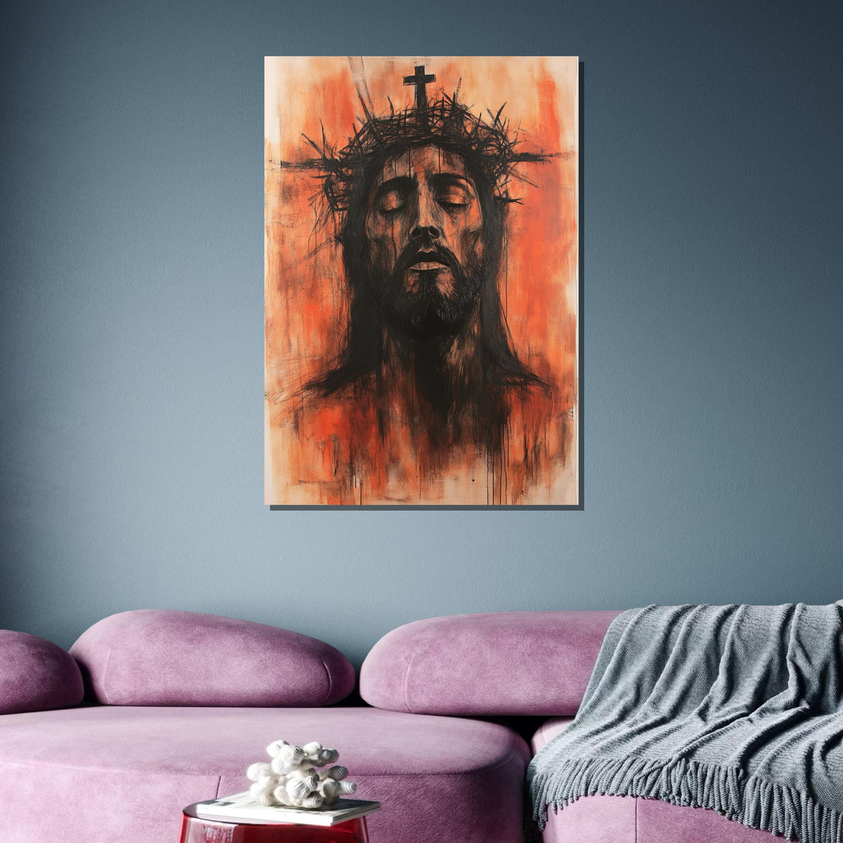 Passion of Christ Canvas, Intense Jesus Portrait, Crown of Thorns Religious Art, Modern Christian Wall Decor, Ready to Hang, Ready to Hang