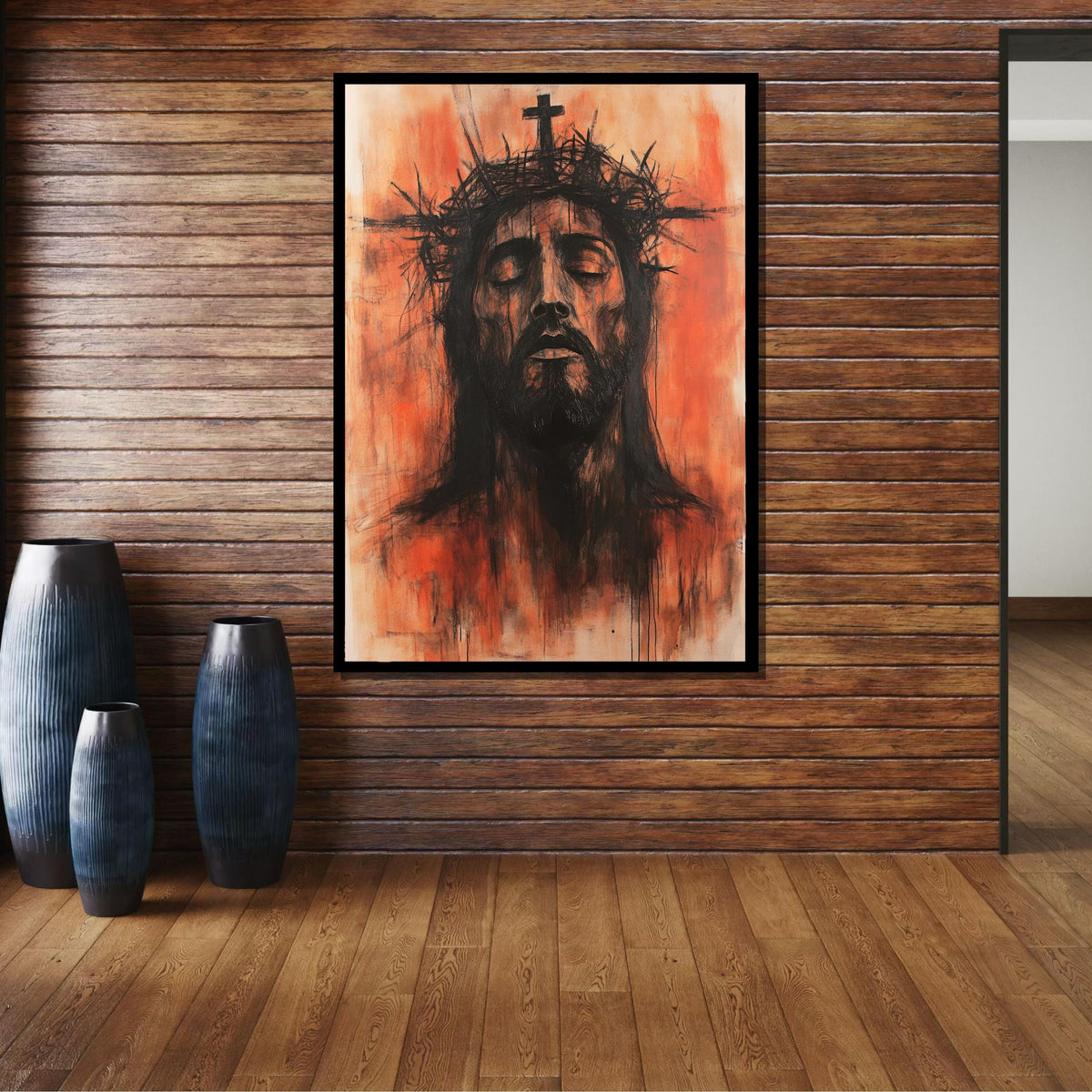Passion of Christ Canvas, Intense Jesus Portrait, Crown of Thorns Religious Art, Modern Christian Wall Decor, Ready to Hang, Ready to Hang