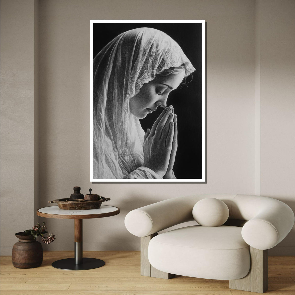 Praying Woman Canvas, Serene Devotional Art, Black and White Religious Portrait, Inspirational Christian Wall Decor, Ready to Hang