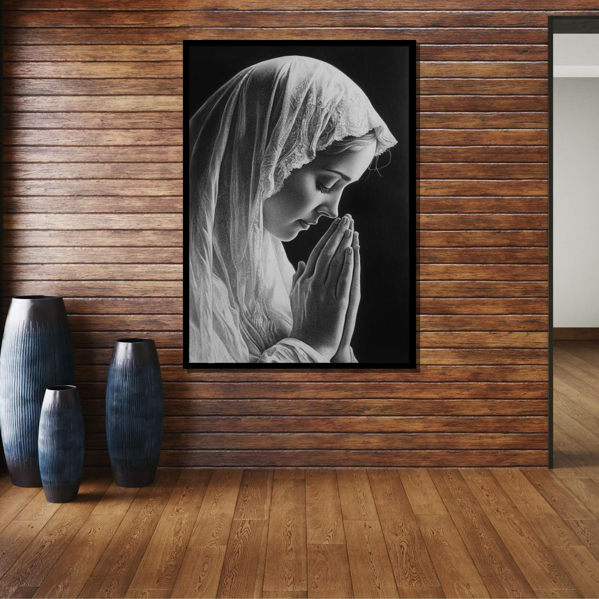Praying Woman Canvas, Serene Devotional Art, Black and White Religious Portrait, Inspirational Christian Wall Decor, Ready to Hang