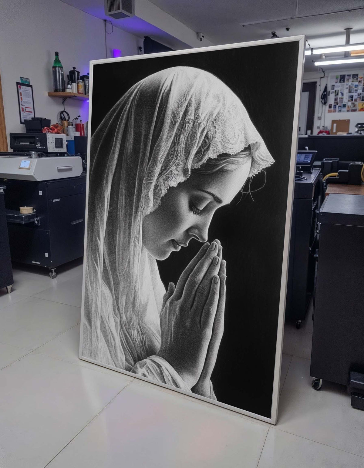 Praying Woman Canvas, Serene Devotional Art, Black and White Religious Portrait, Inspirational Christian Wall Decor, Ready to Hang