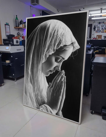 Praying Woman Canvas, Serene Devotional Art, Black and White Religious Portrait, Inspirational Christian Wall Decor, Ready to Hang