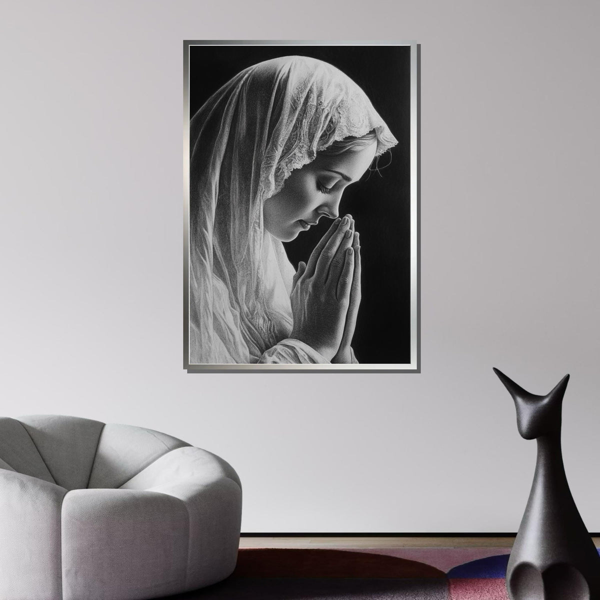 Praying Woman Canvas, Serene Devotional Art, Black and White Religious Portrait, Inspirational Christian Wall Decor, Ready to Hang