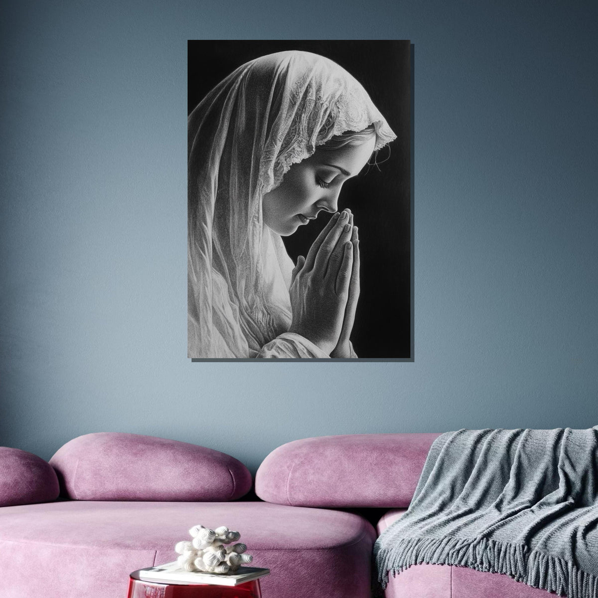 Praying Woman Canvas, Serene Devotional Art, Black and White Religious Portrait, Inspirational Christian Wall Decor, Ready to Hang
