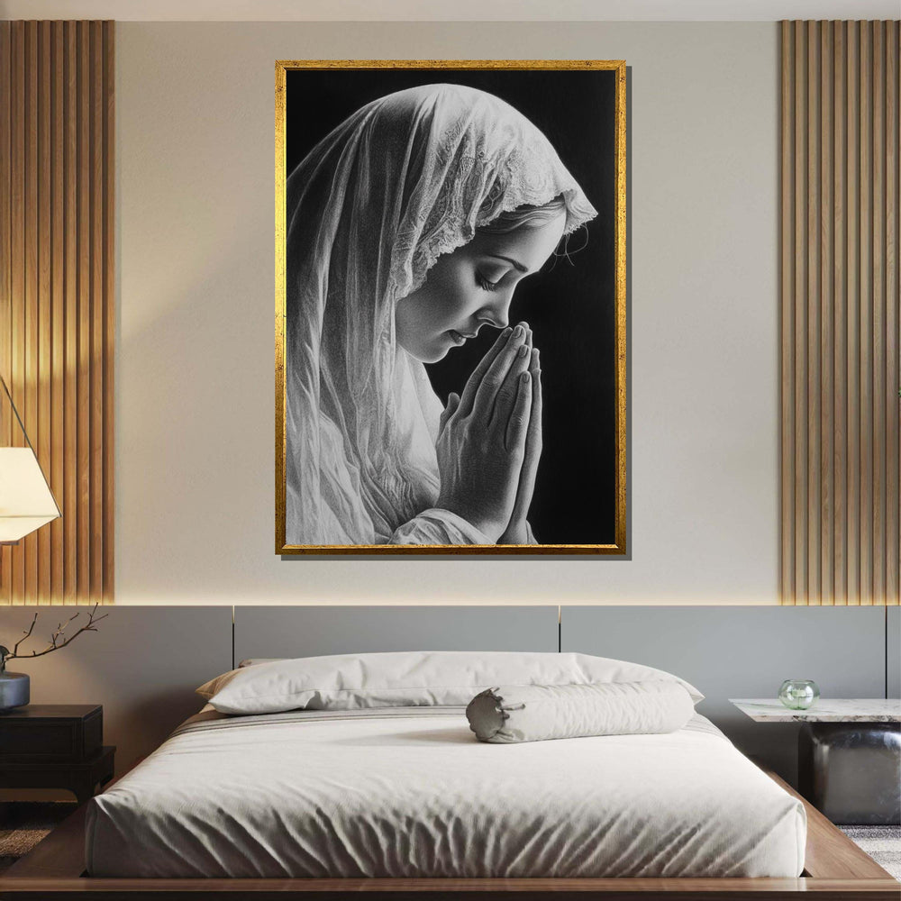 Praying Woman Canvas, Serene Devotional Art, Black and White Religious Portrait, Inspirational Christian Wall Decor, Ready to Hang