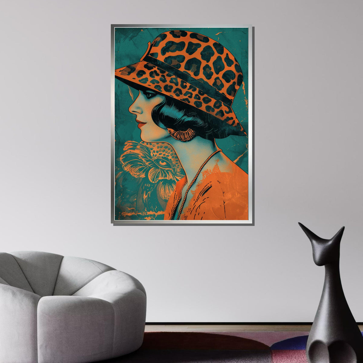 Retro Woman with Leopard Hat, Vintage Art Print, Stylish 1920s Canvas, Unique Wall Decor, Modern Expression Wall Decor, Ready to Hang