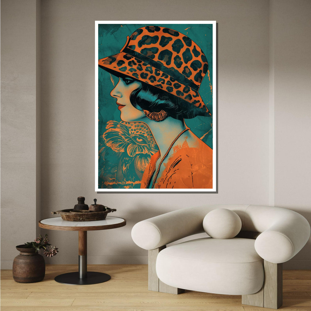 Retro Woman with Leopard Hat, Vintage Art Print, Stylish 1920s Canvas, Unique Wall Decor, Modern Expression Wall Decor, Ready to Hang