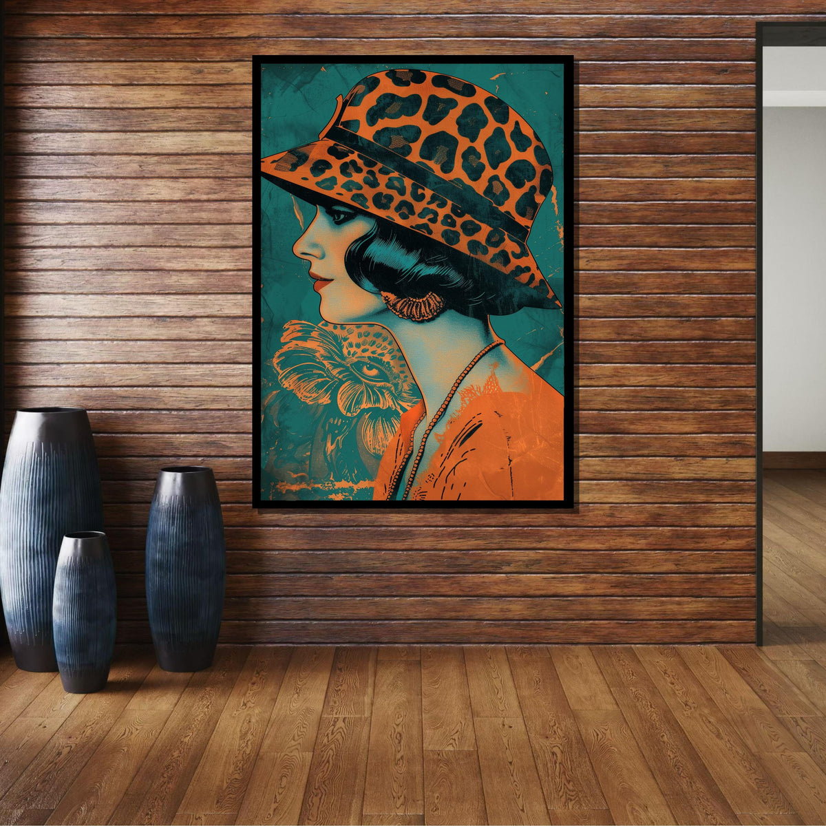 Retro Woman with Leopard Hat, Vintage Art Print, Stylish 1920s Canvas, Unique Wall Decor, Modern Expression Wall Decor, Ready to Hang