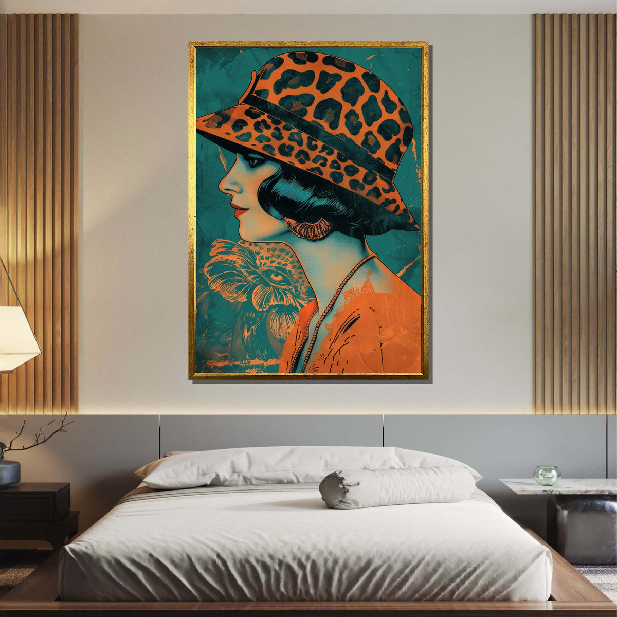 Retro Woman with Leopard Hat, Vintage Art Print, Stylish 1920s Canvas, Unique Wall Decor, Modern Expression Wall Decor, Ready to Hang