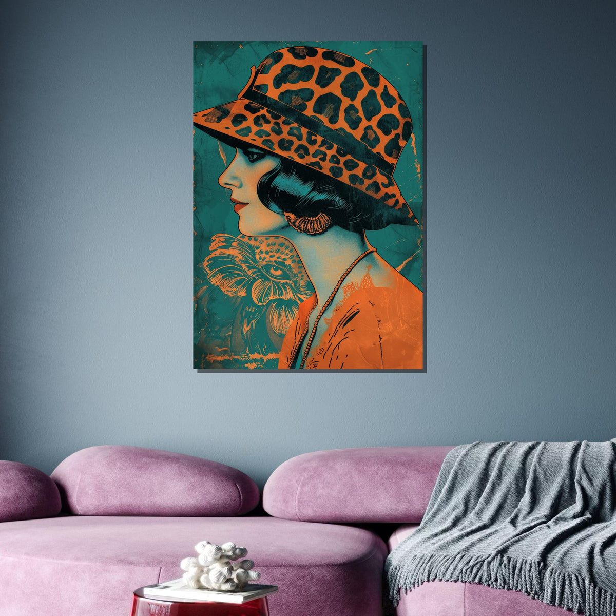 Retro Woman with Leopard Hat, Vintage Art Print, Stylish 1920s Canvas, Unique Wall Decor, Modern Expression Wall Decor, Ready to Hang