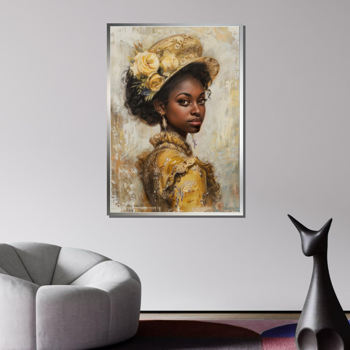 Vintage Elegance Portrait Canvas, African American Woman in Yellow,Classic Victorian Style Wall Art,Timeless Beauty Decor, Ready to Hang Art