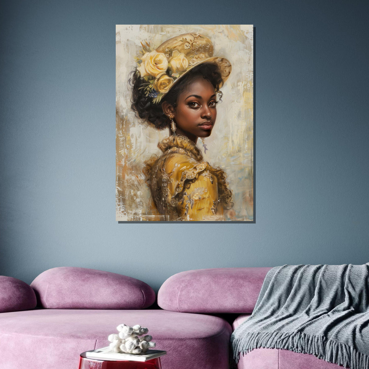 Vintage Elegance Portrait Canvas, African American Woman in Yellow,Classic Victorian Style Wall Art,Timeless Beauty Decor, Ready to Hang Art