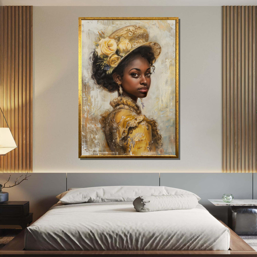 Vintage Elegance Portrait Canvas, African American Woman in Yellow,Classic Victorian Style Wall Art,Timeless Beauty Decor, Ready to Hang Art