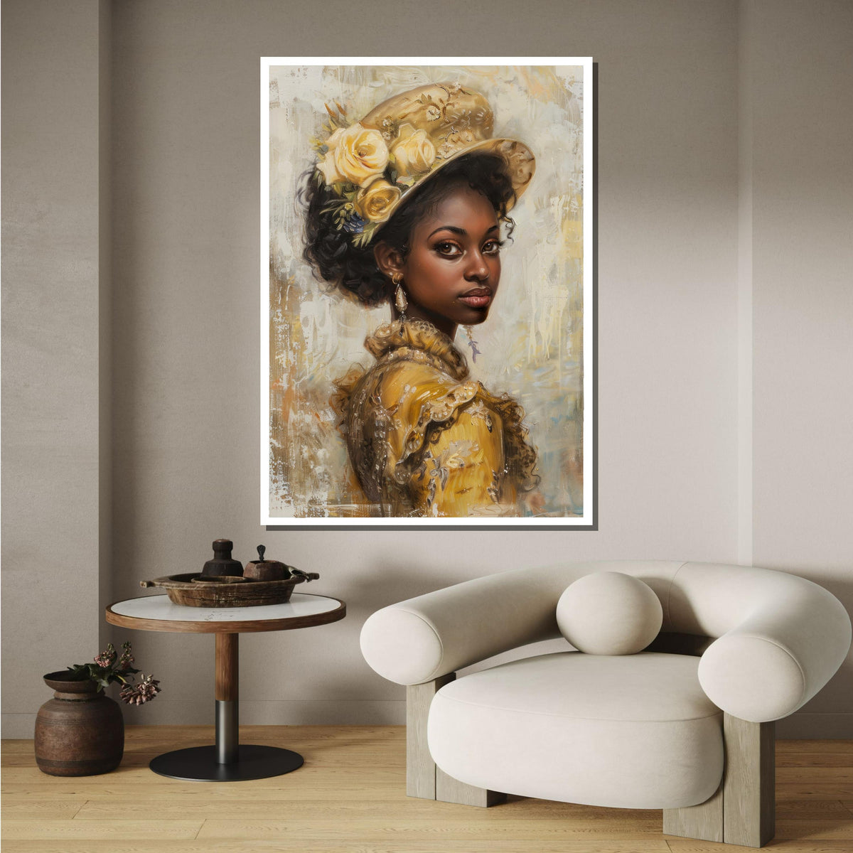 Vintage Elegance Portrait Canvas, African American Woman in Yellow,Classic Victorian Style Wall Art,Timeless Beauty Decor, Ready to Hang Art