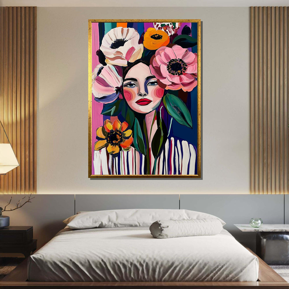 Bold Floral Woman Portrait Canvas, Colorful Abstract Flower Art, Modern Feminine Wall Decor, Vibrant Boho Art, Ready to Hang Canvas