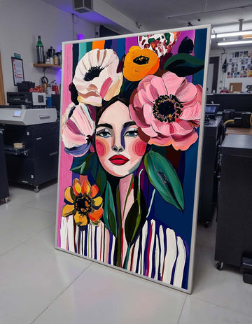 Bold Floral Woman Portrait Canvas, Colorful Abstract Flower Art, Modern Feminine Wall Decor, Vibrant Boho Art, Ready to Hang Canvas