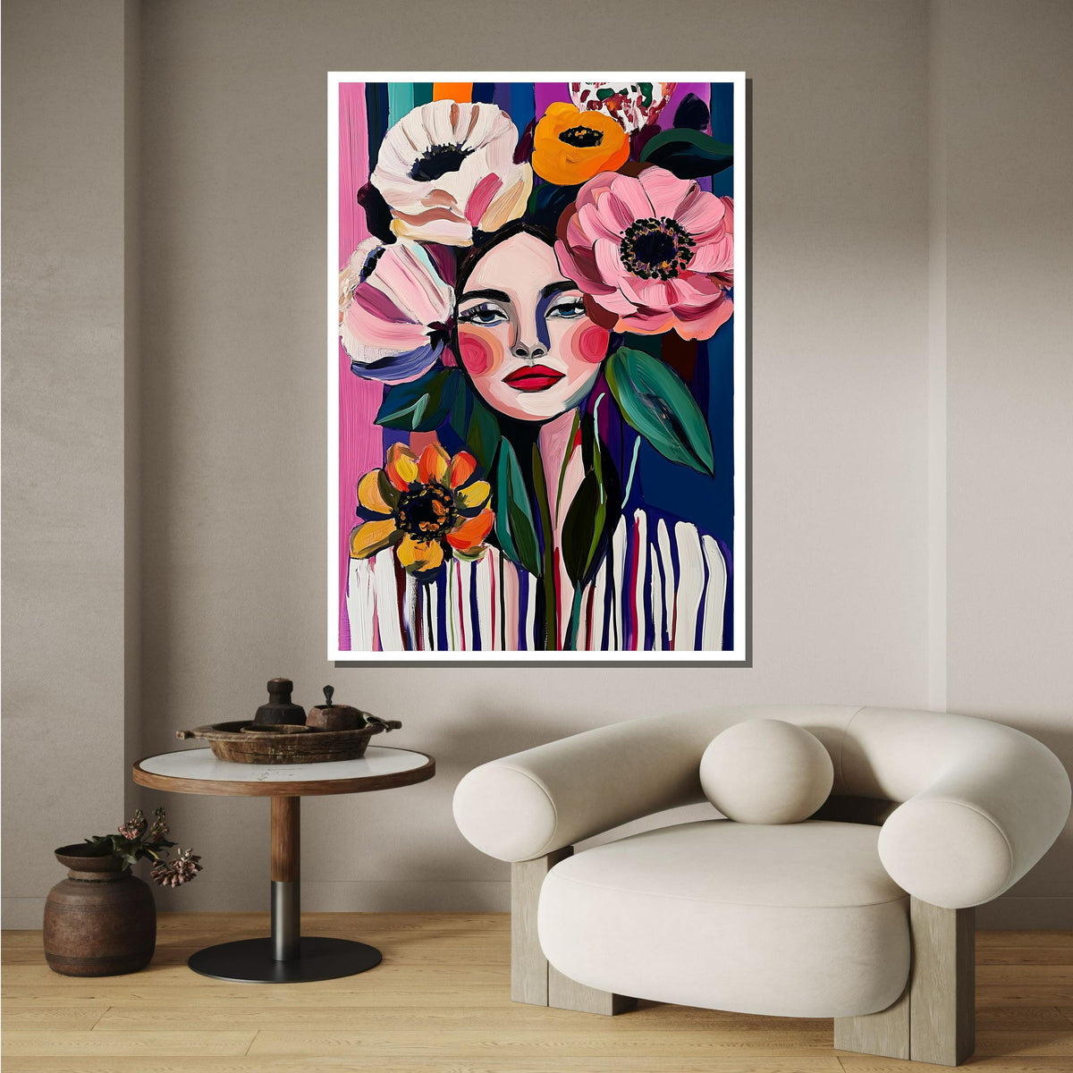 Bold Floral Woman Portrait Canvas, Colorful Abstract Flower Art, Modern Feminine Wall Decor, Vibrant Boho Art, Ready to Hang Canvas
