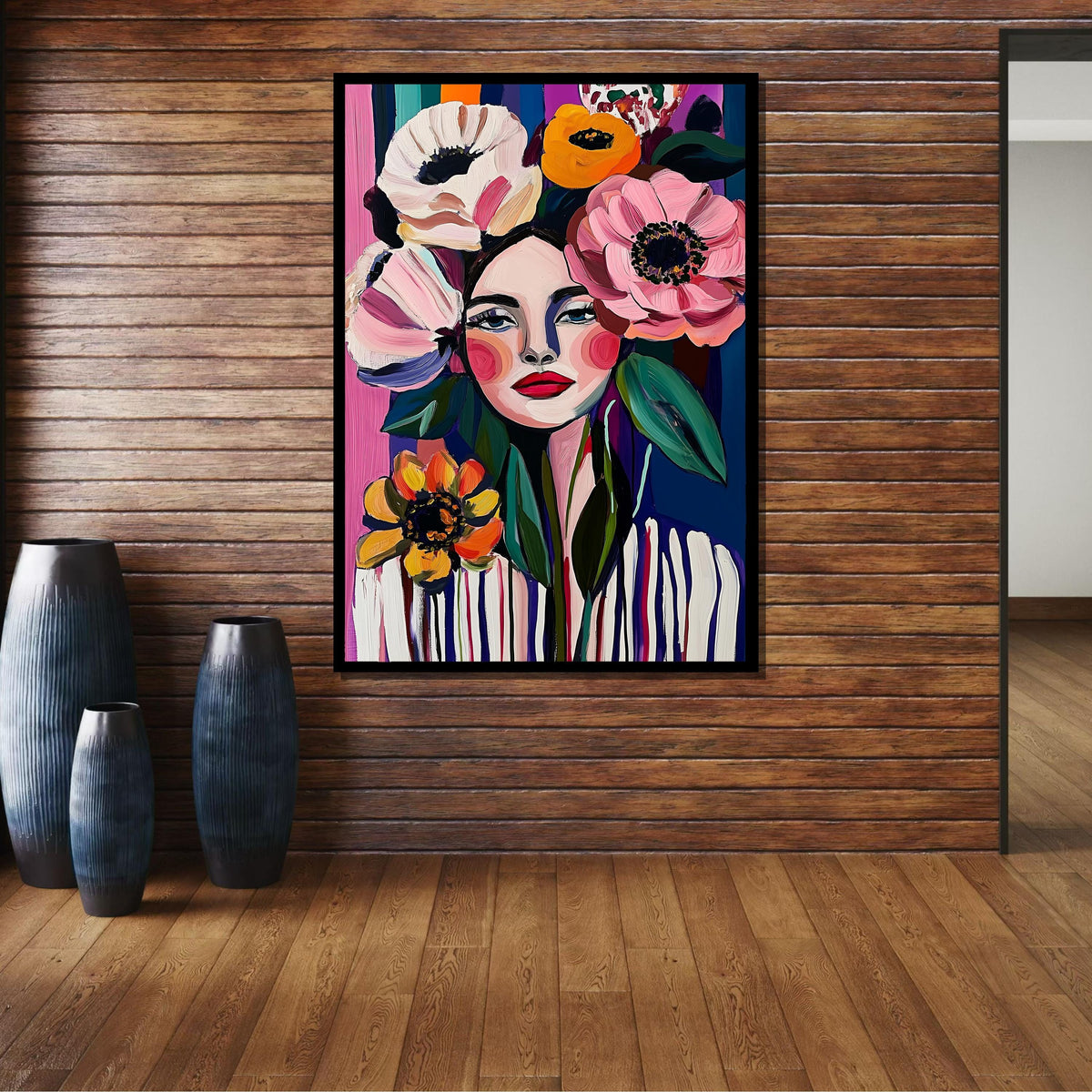 Bold Floral Woman Portrait Canvas, Colorful Abstract Flower Art, Modern Feminine Wall Decor, Vibrant Boho Art, Ready to Hang Canvas