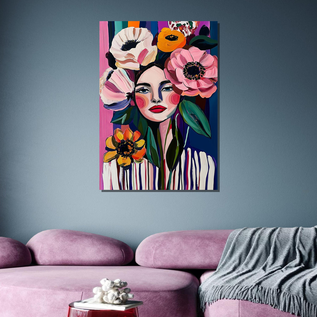 Bold Floral Woman Portrait Canvas, Colorful Abstract Flower Art, Modern Feminine Wall Decor, Vibrant Boho Art, Ready to Hang Canvas