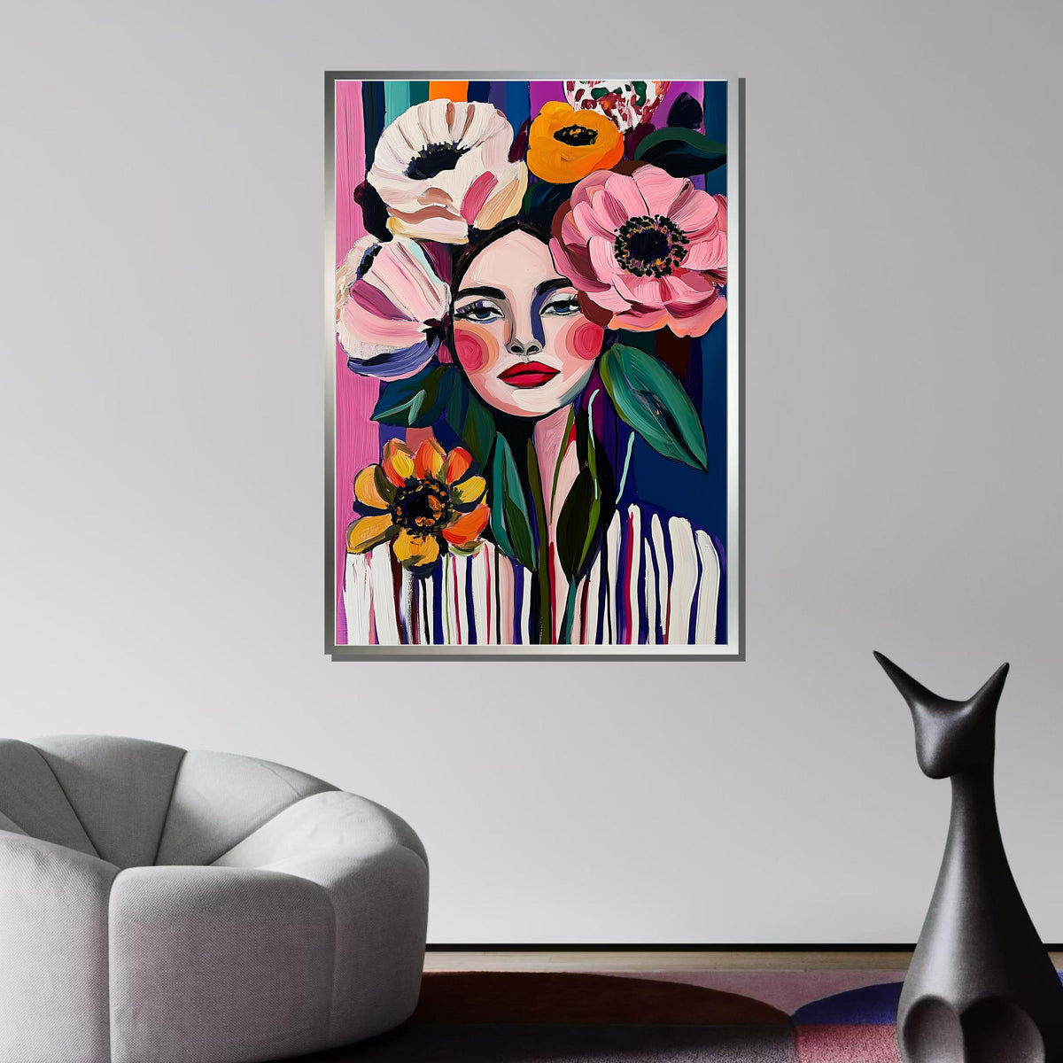Bold Floral Woman Portrait Canvas, Colorful Abstract Flower Art, Modern Feminine Wall Decor, Vibrant Boho Art, Ready to Hang Canvas