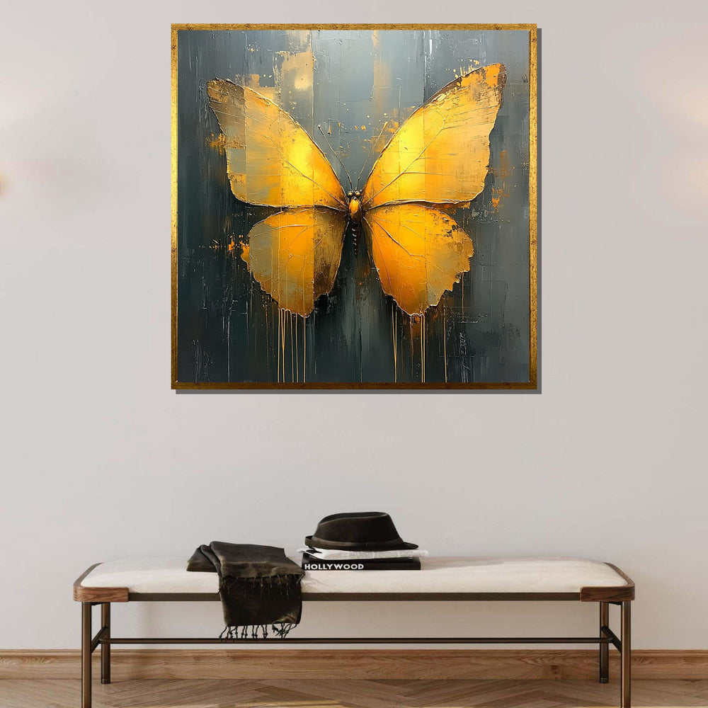 Golden Butterfly Canvas Art, Abstract Metallic Butterfly Decor, Animal Art, Elegant Wall Art, Gold Butterfly Painting, Ready to Hang Canvas