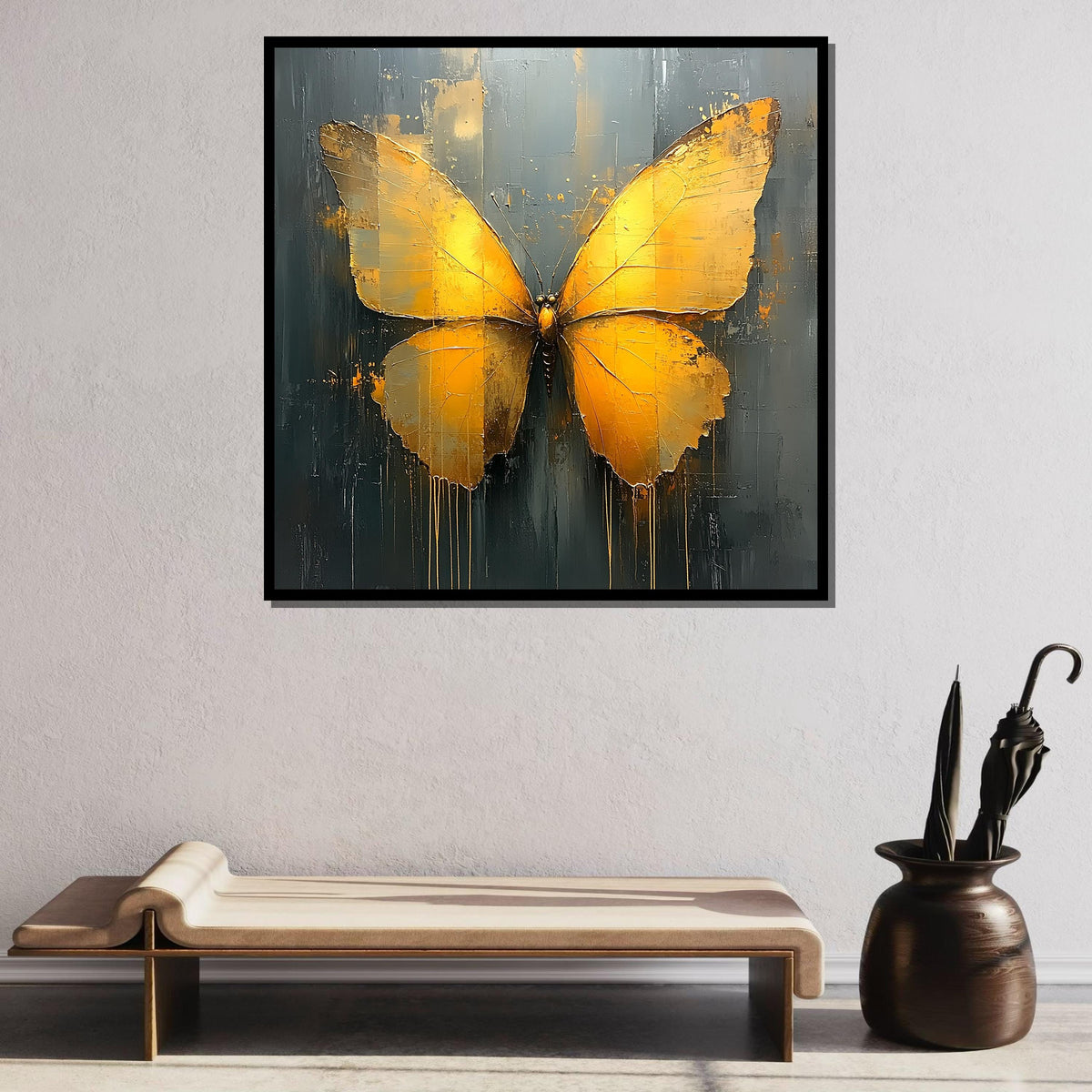 Golden Butterfly Canvas Art, Abstract Metallic Butterfly Decor, Animal Art, Elegant Wall Art, Gold Butterfly Painting, Ready to Hang Canvas