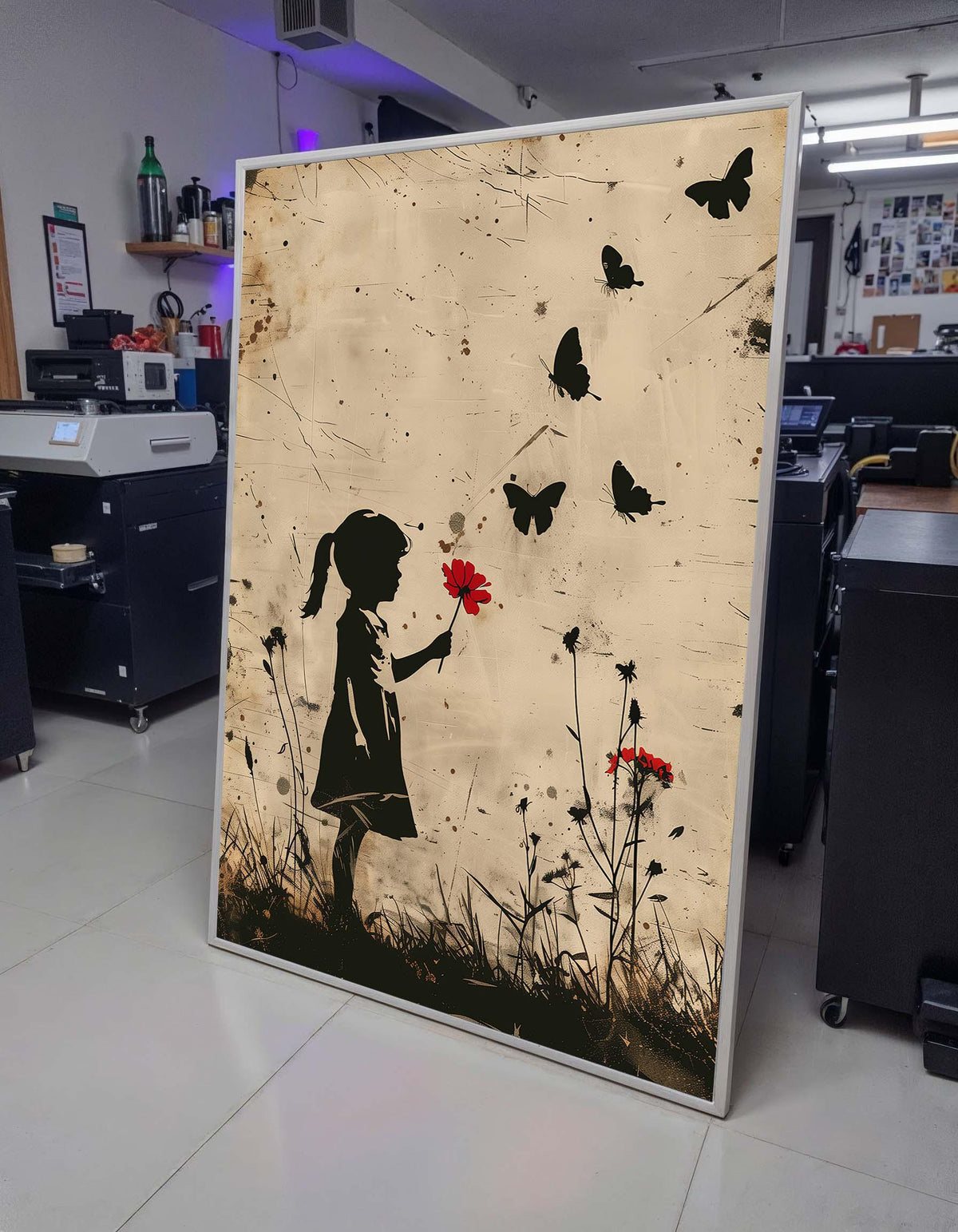 Child with Red Flower Canvas, Child Art, Minimalist Silhouette Art, Nostalgic Wall Art, Girl and Butterflies Print, Ready to Hang Canvas