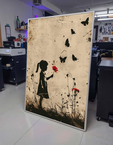 Child with Red Flower Canvas, Child Art, Minimalist Silhouette Art, Nostalgic Wall Art, Girl and Butterflies Print, Ready to Hang Canvas