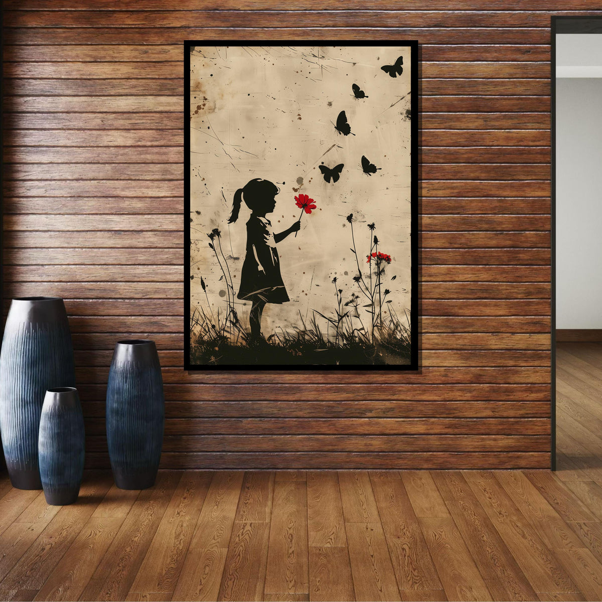 Child with Red Flower Canvas, Child Art, Minimalist Silhouette Art, Nostalgic Wall Art, Girl and Butterflies Print, Ready to Hang Canvas